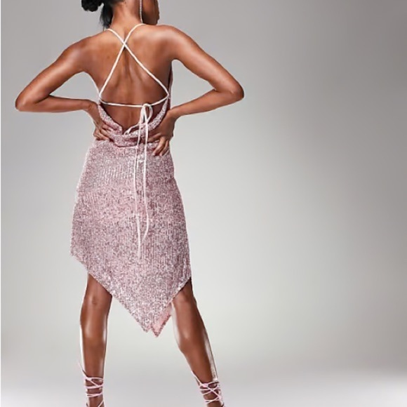 ASOS Nordstrom sequin 90s dress cowl neck slip midi pink homecoming US size 12 - Picture 2 of 12